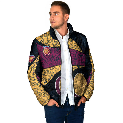 Personalized Brisbane Lions Football Padded Jacket Easter Egg Pattern Maroon Gold Tribal Dot Art Style