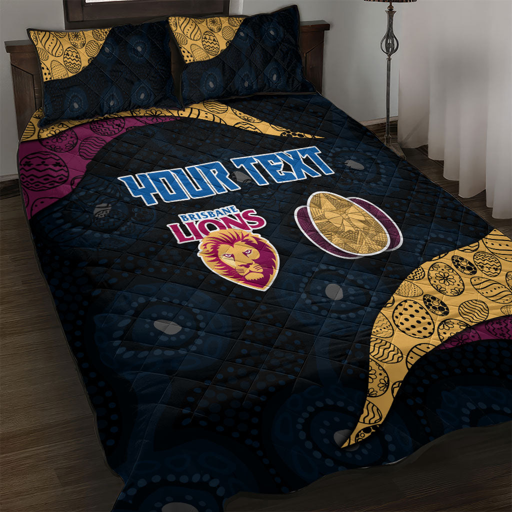 Personalized Brisbane Lions Football Quilt Bed Set Easter Egg Pattern Maroon Gold Tribal Dot Art Style