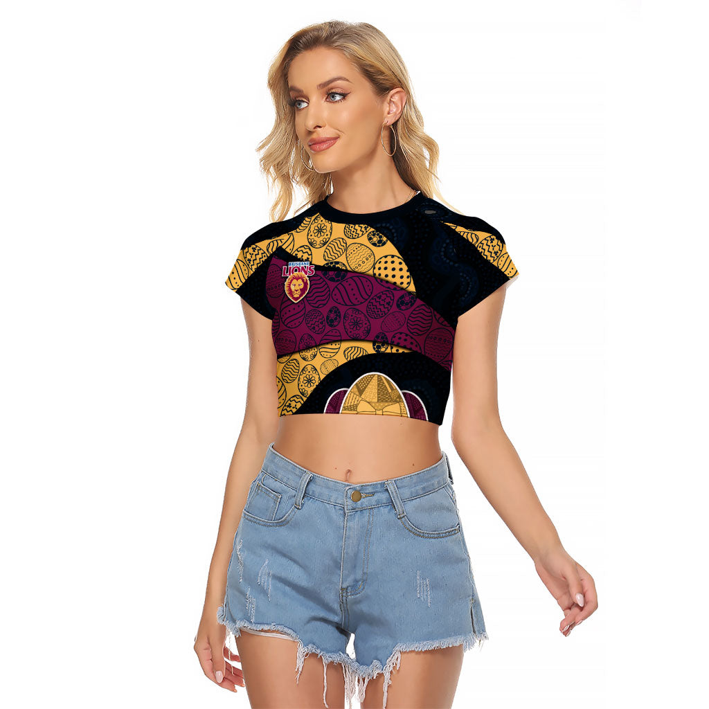 Personalized Brisbane Lions Football Raglan Cropped T Shirt Easter Egg Pattern Maroon Gold Tribal Dot Art Style