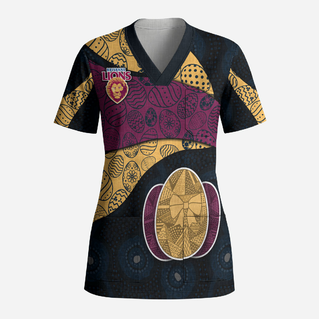 Personalized Brisbane Lions Football Scrub Top Easter Egg Pattern Maroon Gold Tribal Dot Art Style