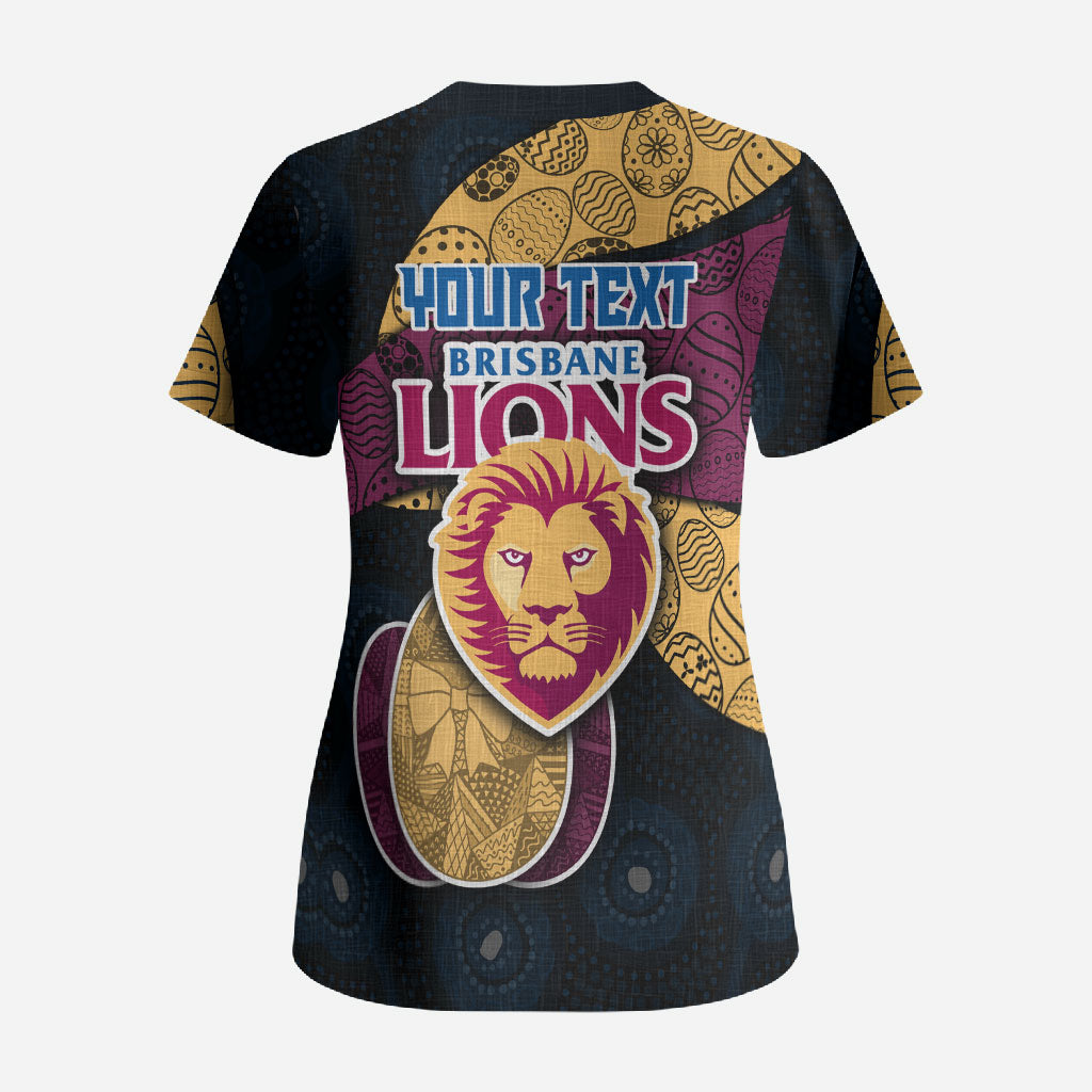 Personalized Brisbane Lions Football Scrub Top Easter Egg Pattern Maroon Gold Tribal Dot Art Style