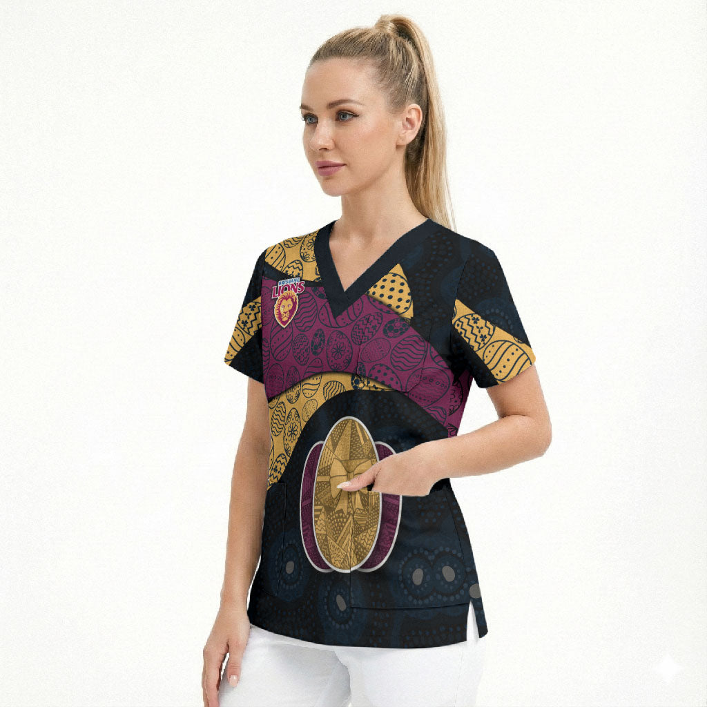 Personalized Brisbane Lions Football Scrub Top Easter Egg Pattern Maroon Gold Tribal Dot Art Style