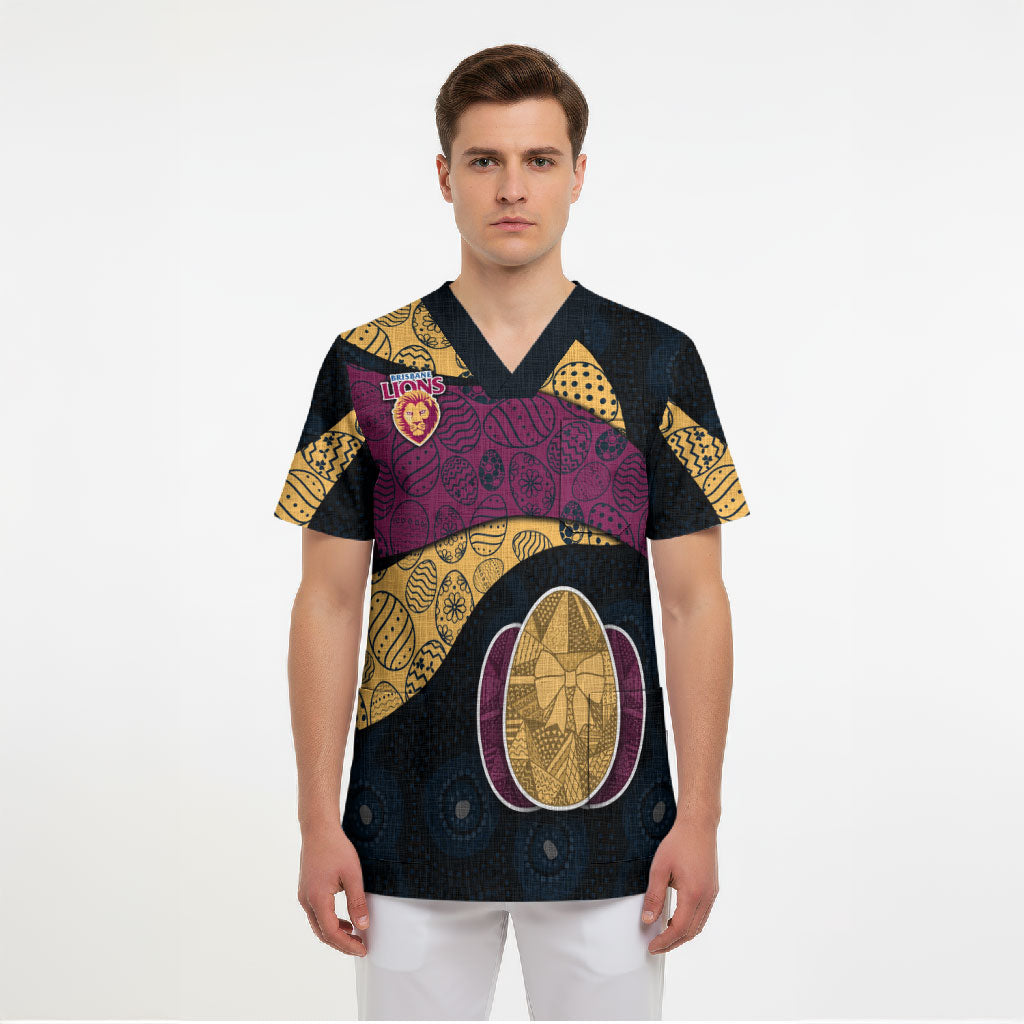 Personalized Brisbane Lions Football Scrub Top Easter Egg Pattern Maroon Gold Tribal Dot Art Style