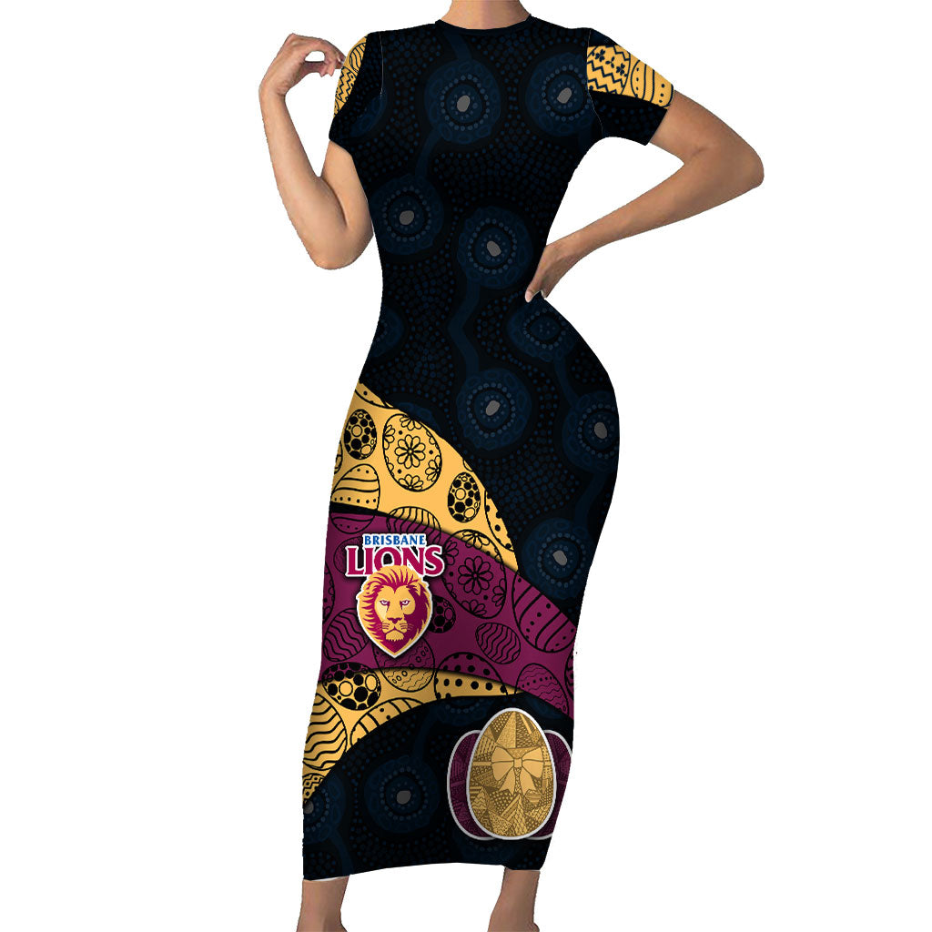 Personalized Brisbane Lions Football Short Sleeve Bodycon Dress Easter Egg Pattern Maroon Gold Tribal Dot Art Style