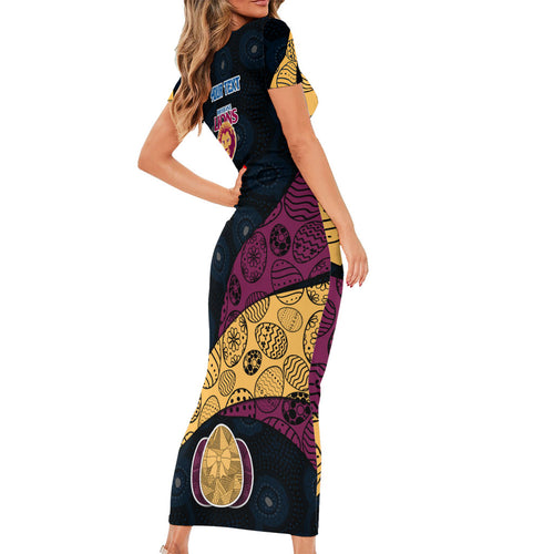 Personalized Brisbane Lions Football Short Sleeve Bodycon Dress Easter Egg Pattern Maroon Gold Tribal Dot Art Style