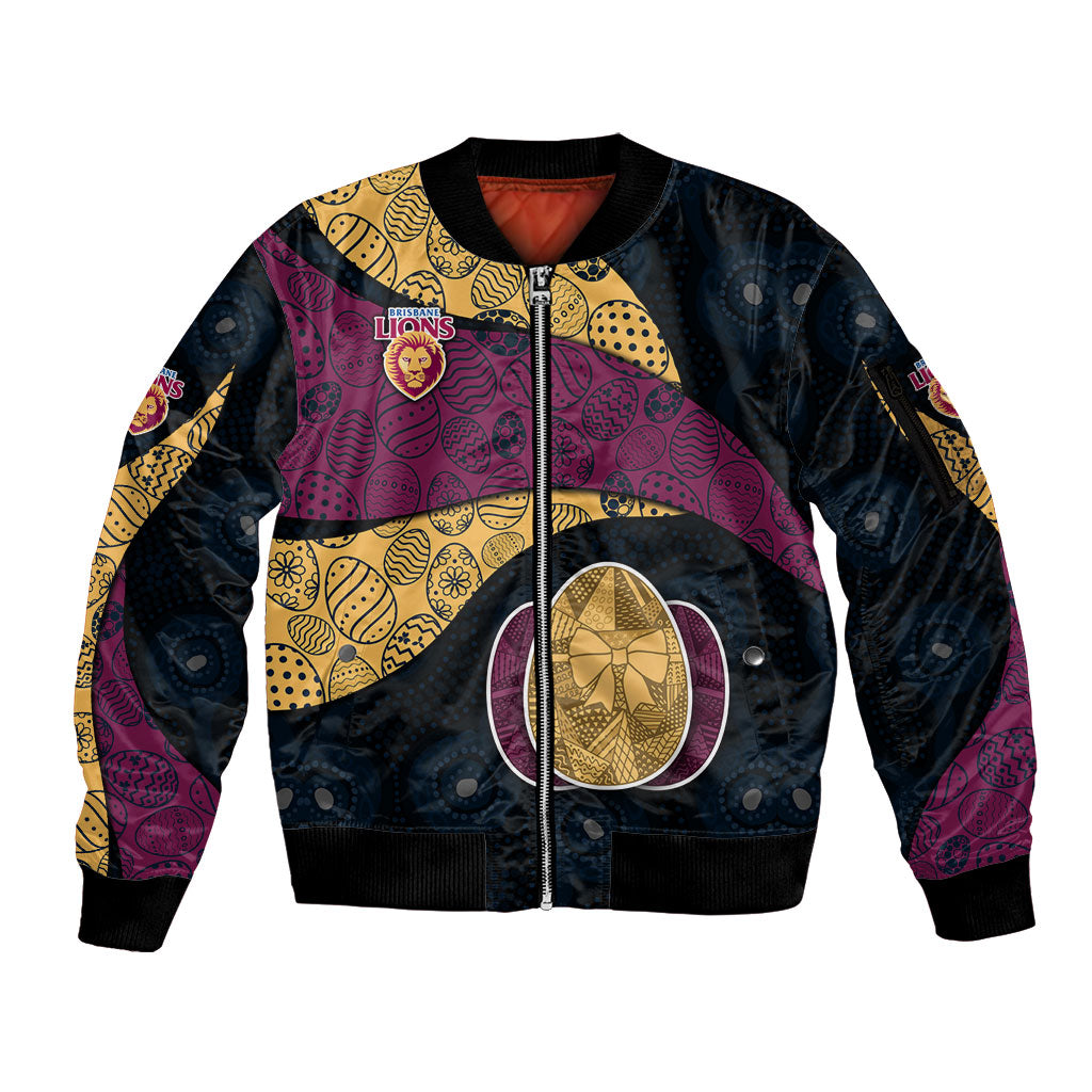 Personalized Brisbane Lions Football Sleeve Zip Bomber Jacket Easter Egg Pattern Maroon Gold Tribal Dot Art Style