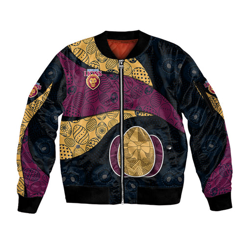 Personalized Brisbane Lions Football Sleeve Zip Bomber Jacket Easter Egg Pattern Maroon Gold Tribal Dot Art Style