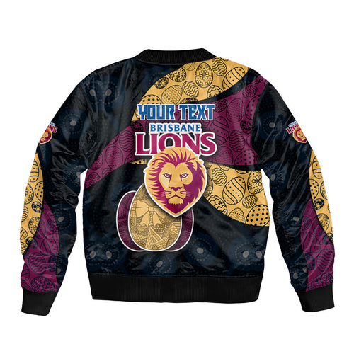 Personalized Brisbane Lions Football Sleeve Zip Bomber Jacket Easter Egg Pattern Maroon Gold Tribal Dot Art Style