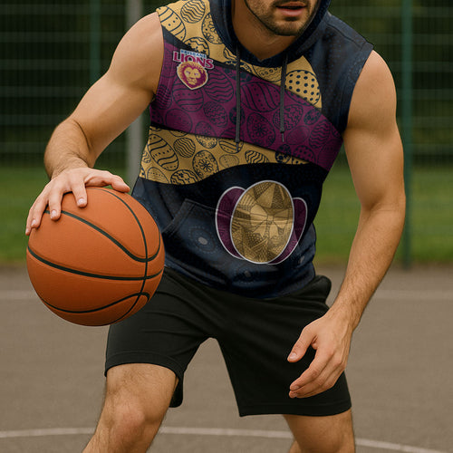 Personalized Brisbane Lions Football Sleeveless Hoodie Easter Egg Pattern Maroon Gold Tribal Dot Art Style