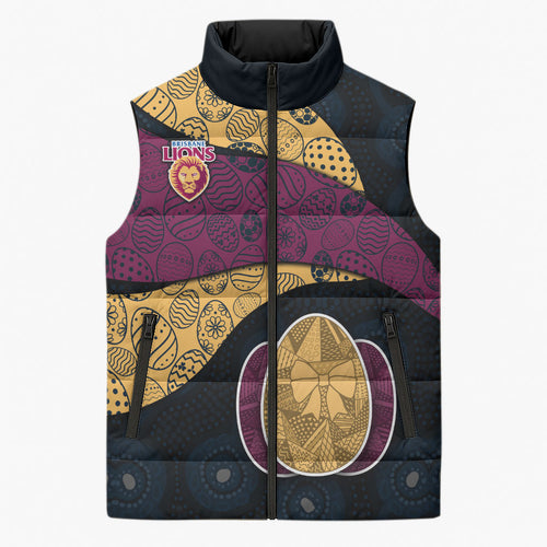 Personalized Brisbane Lions Football Sleeveless Puffer Jacket Easter Egg Pattern Maroon Gold Tribal Dot Art Style