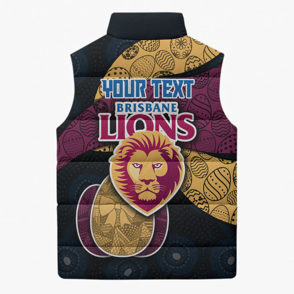 Personalized Brisbane Lions Football Sleeveless Puffer Jacket Easter Egg Pattern Maroon Gold Tribal Dot Art Style