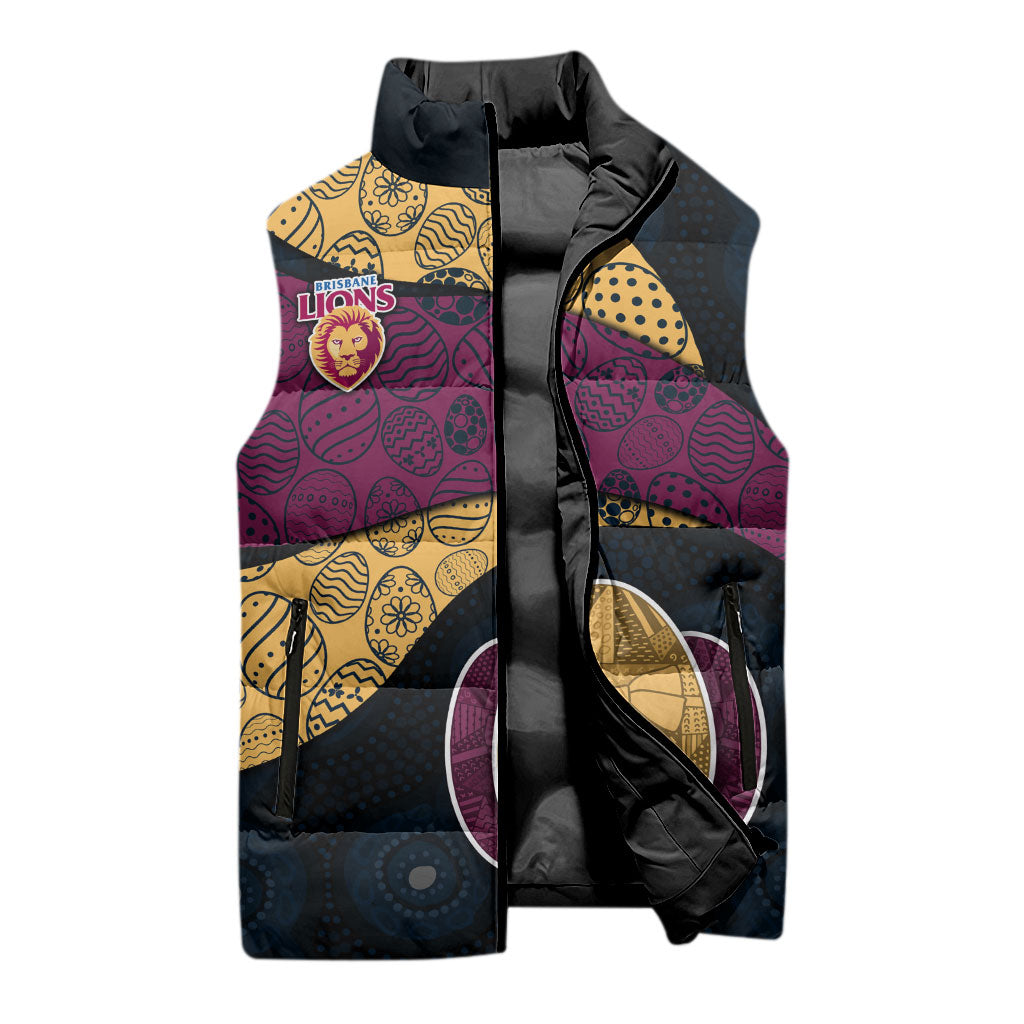 Personalized Brisbane Lions Football Sleeveless Puffer Jacket Easter Egg Pattern Maroon Gold Tribal Dot Art Style