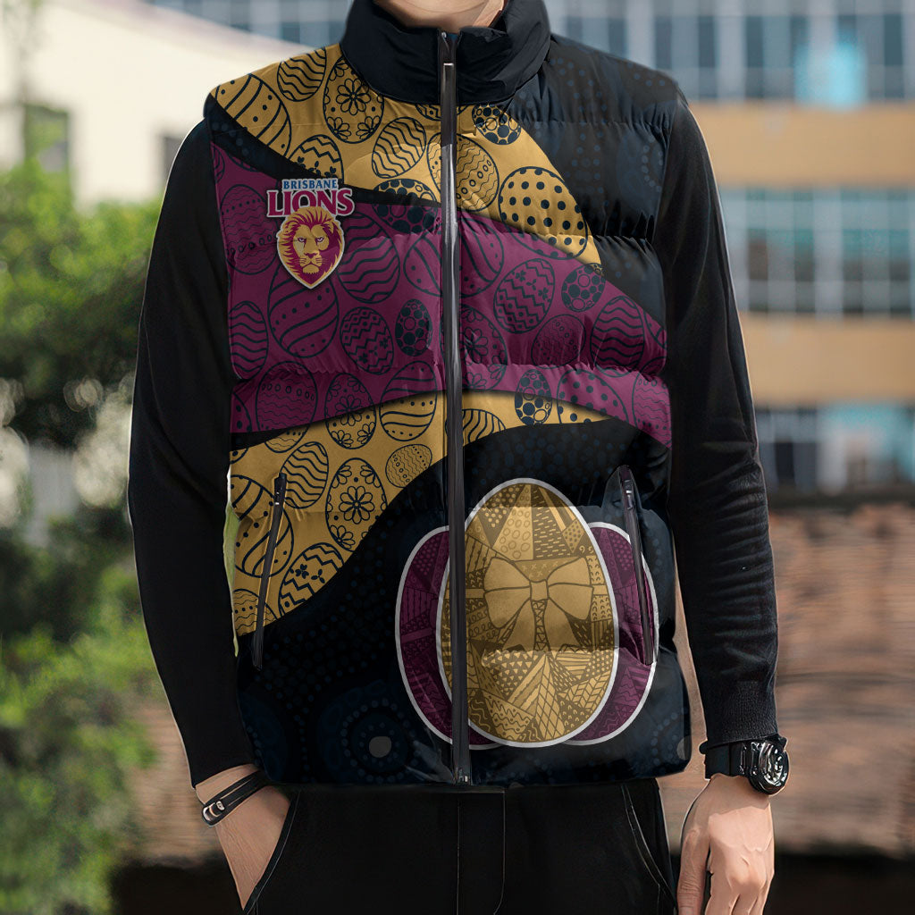 Personalized Brisbane Lions Football Sleeveless Puffer Jacket Easter Egg Pattern Maroon Gold Tribal Dot Art Style