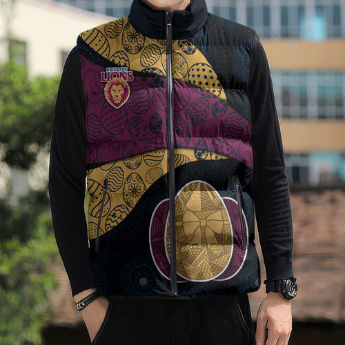 Personalized Brisbane Lions Football Sleeveless Puffer Jacket Easter Egg Pattern Maroon Gold Tribal Dot Art Style