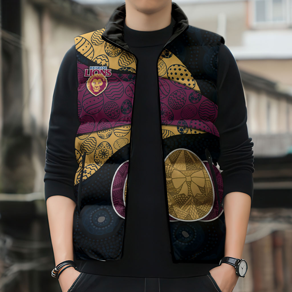 Personalized Brisbane Lions Football Sleeveless Puffer Jacket Easter Egg Pattern Maroon Gold Tribal Dot Art Style