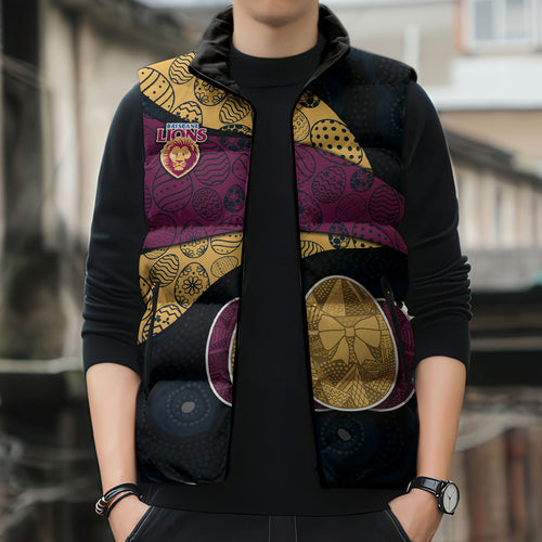 Personalized Brisbane Lions Football Sleeveless Puffer Jacket Easter Egg Pattern Maroon Gold Tribal Dot Art Style