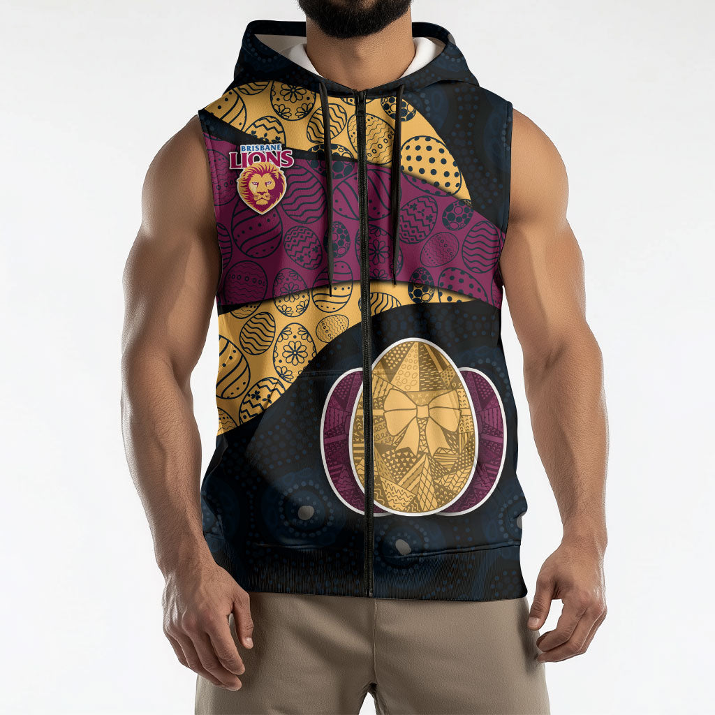 Personalized Brisbane Lions Football Sleeveless Zip Hoodie Easter Egg Pattern Maroon Gold Tribal Dot Art Style
