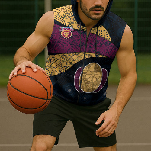 Personalized Brisbane Lions Football Sleeveless Zip Hoodie Easter Egg Pattern Maroon Gold Tribal Dot Art Style