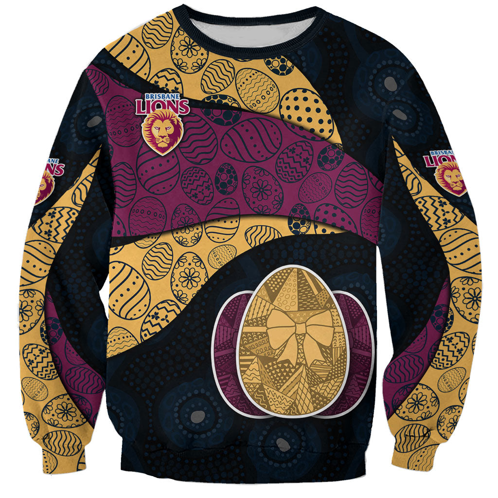Personalized Brisbane Lions Football Sweatshirt Easter Egg Pattern Maroon Gold Tribal Dot Art Style