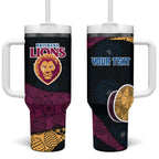 Personalized Brisbane Lions Football Tumbler With Handle Easter Egg Pattern Maroon Gold Tribal Dot Art Style