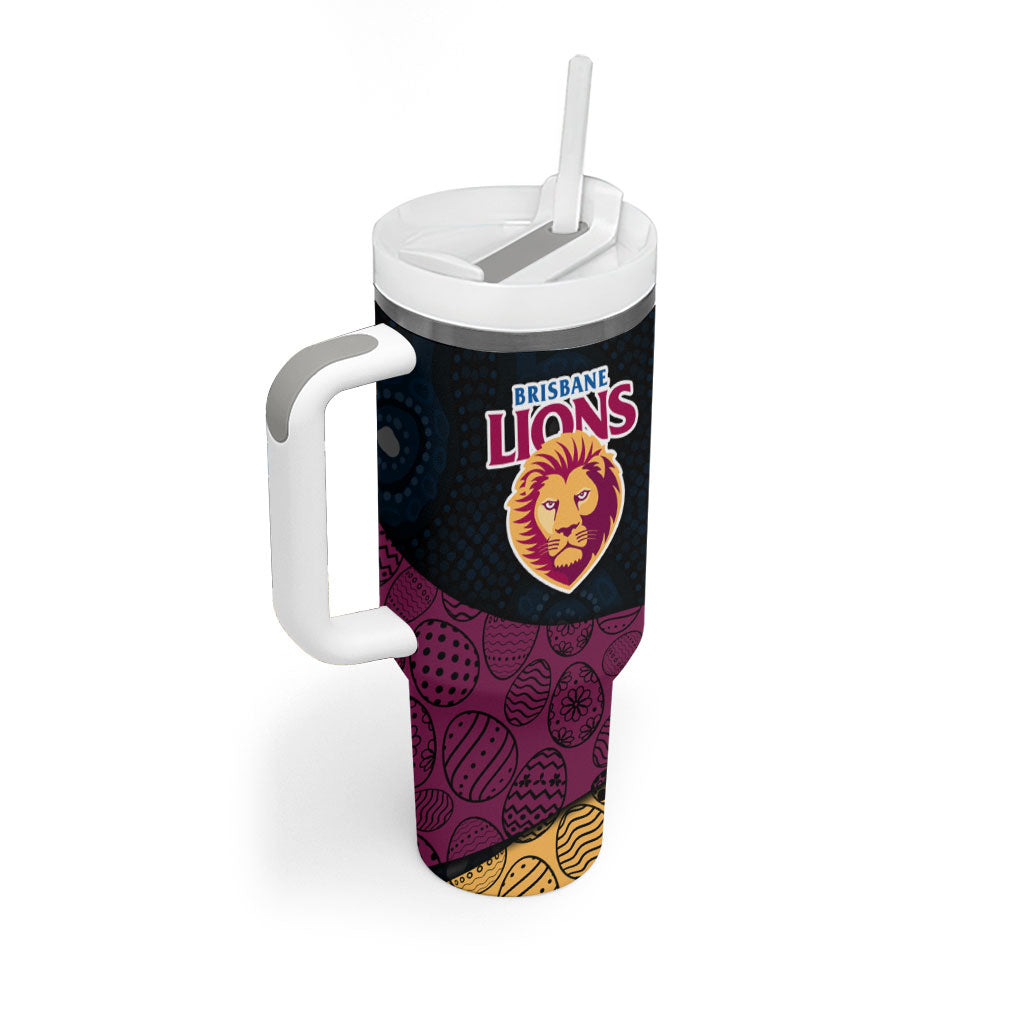 Personalized Brisbane Lions Football Tumbler With Handle Easter Egg Pattern Maroon Gold Tribal Dot Art Style