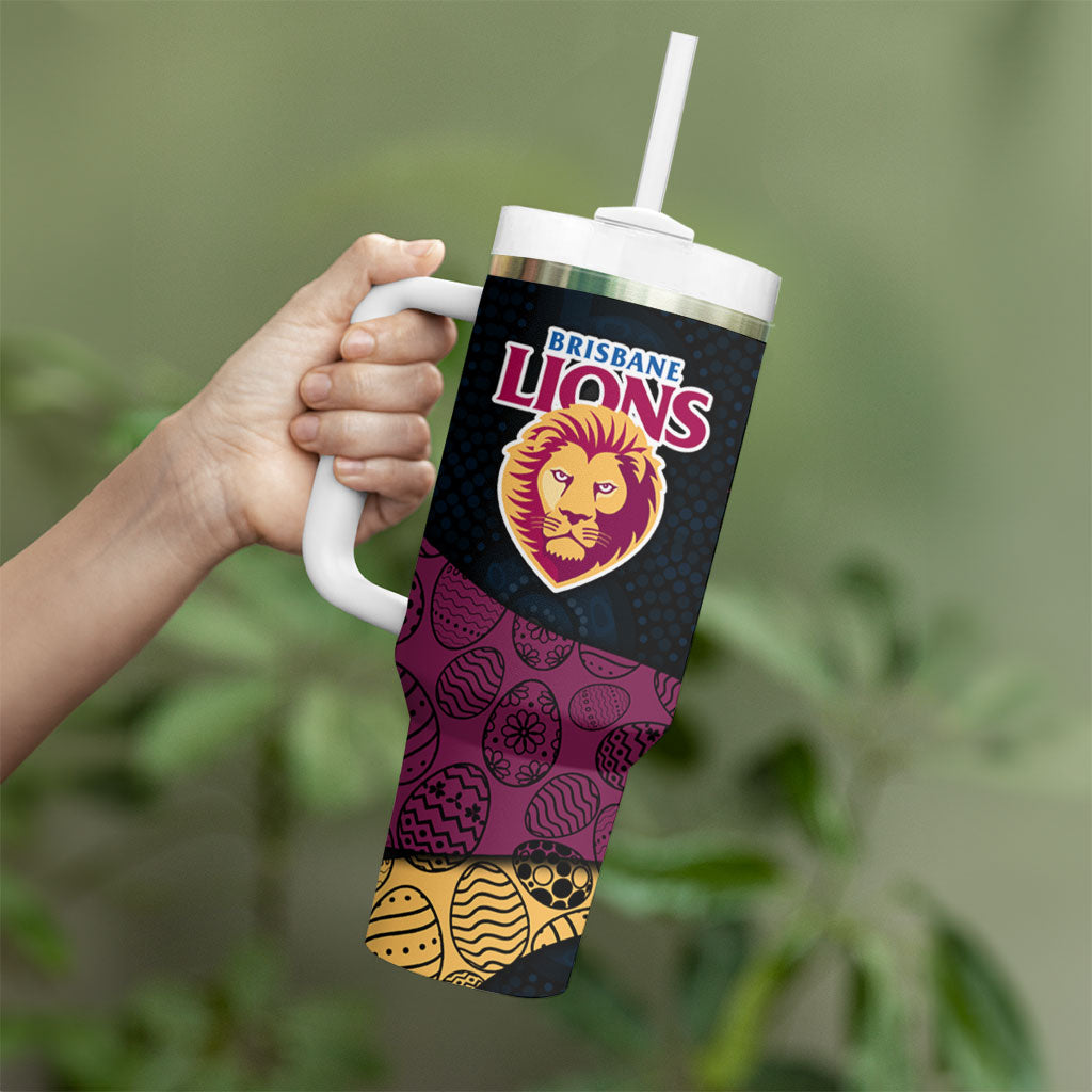 Personalized Brisbane Lions Football Tumbler With Handle Easter Egg Pattern Maroon Gold Tribal Dot Art Style