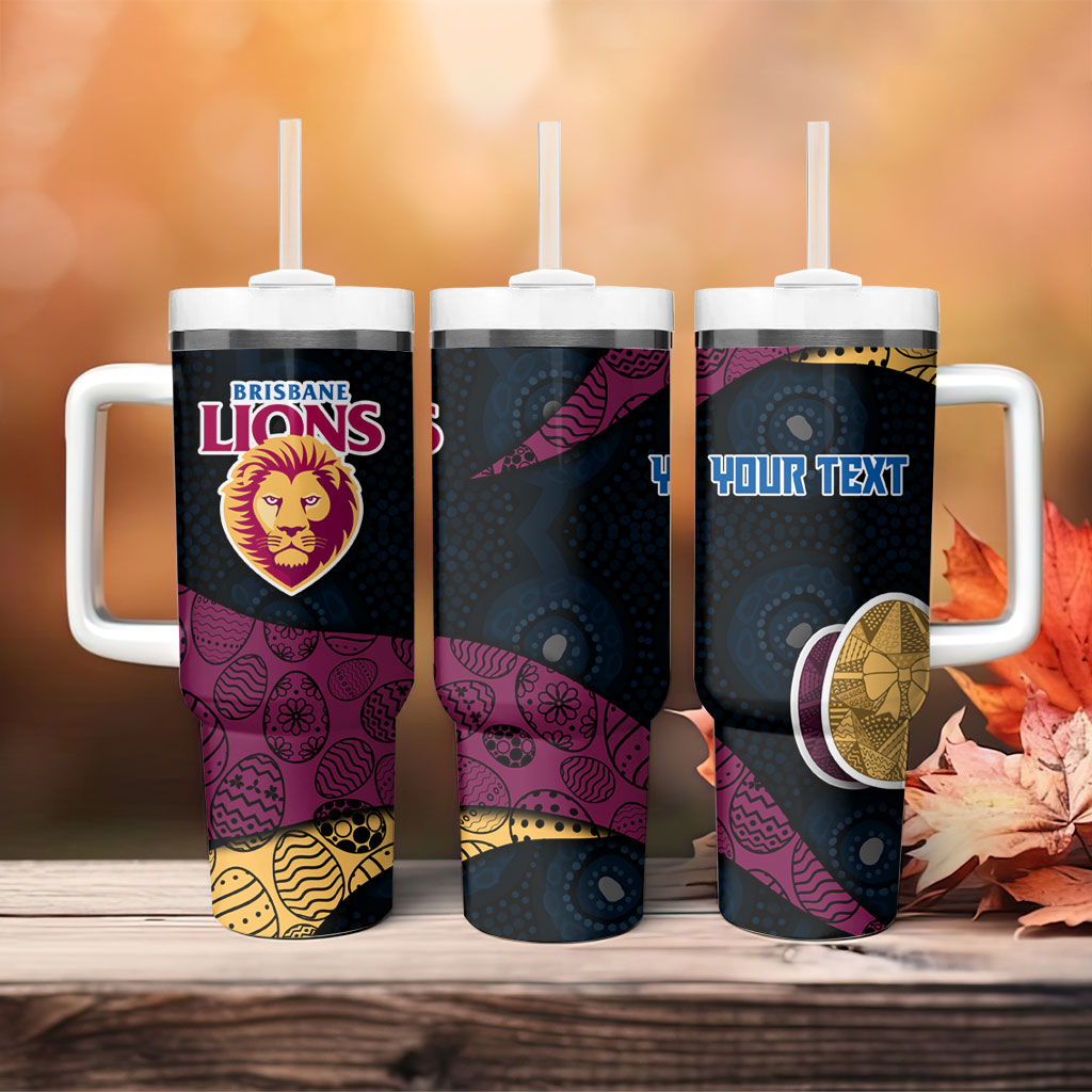 Personalized Brisbane Lions Football Tumbler With Handle Easter Egg Pattern Maroon Gold Tribal Dot Art Style