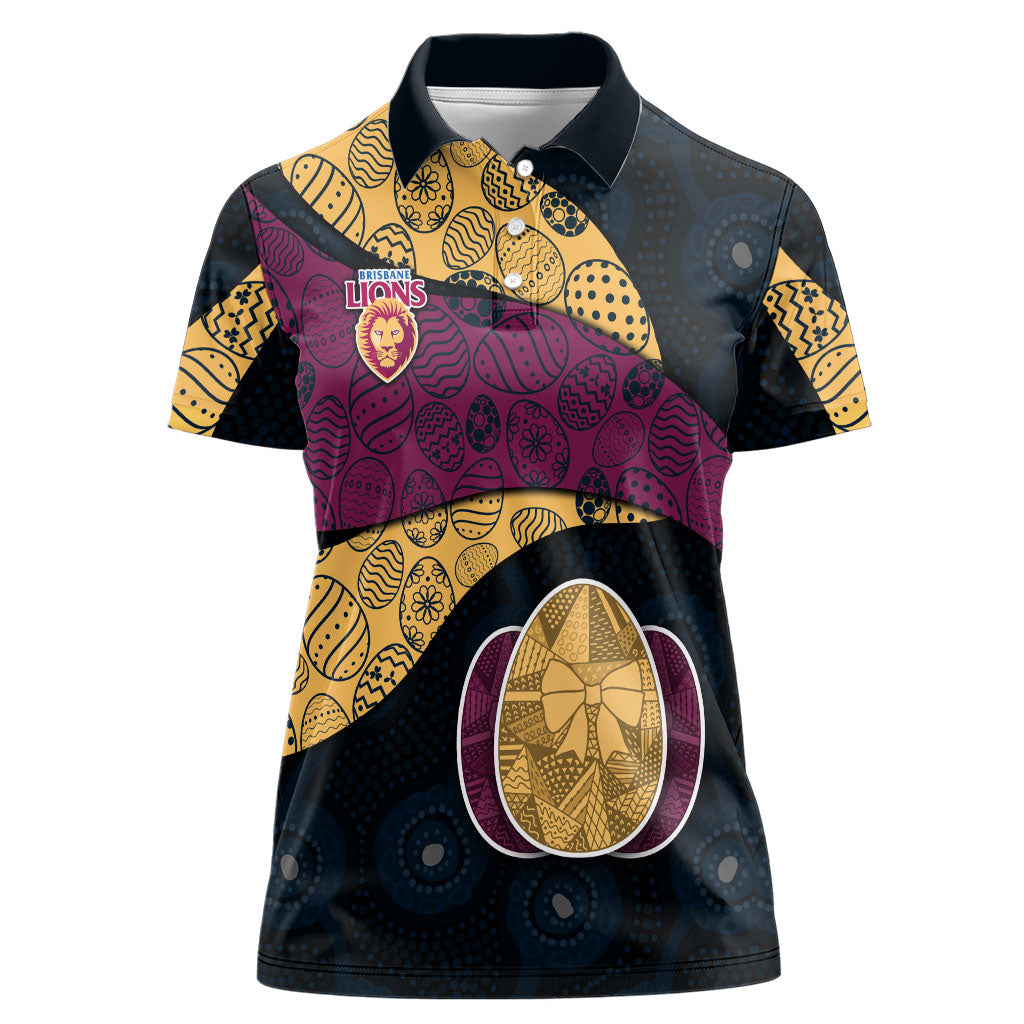 Personalized Brisbane Lions Football Women Polo Shirt Easter Egg Pattern Maroon Gold Tribal Dot Art Style
