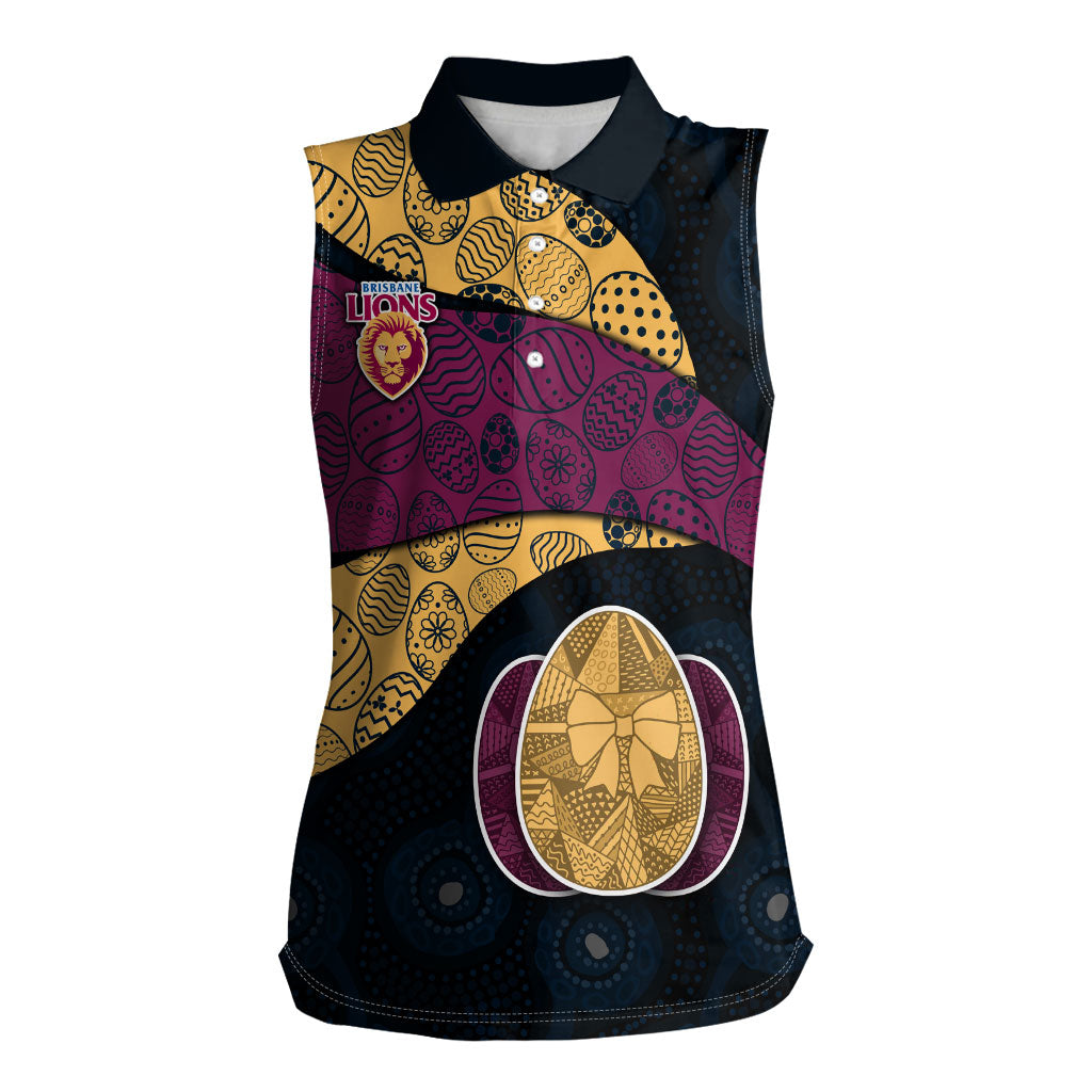 Personalized Brisbane Lions Football Women Sleeveless Polo Shirt Easter Egg Pattern Maroon Gold Tribal Dot Art Style