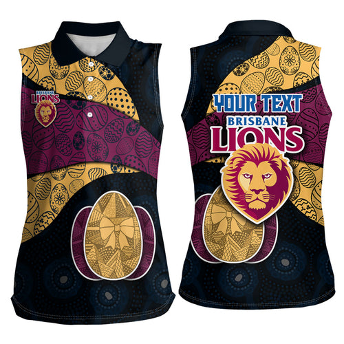 Personalized Brisbane Lions Football Women Sleeveless Polo Shirt Easter Egg Pattern Maroon Gold Tribal Dot Art Style