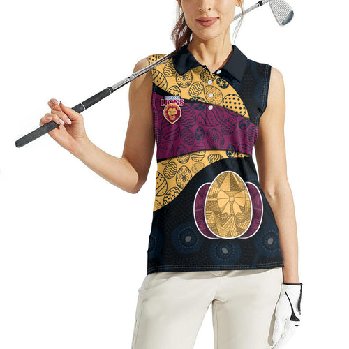 Personalized Brisbane Lions Football Women Sleeveless Polo Shirt Easter Egg Pattern Maroon Gold Tribal Dot Art Style