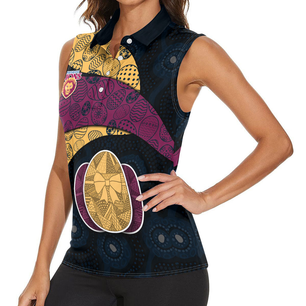 Personalized Brisbane Lions Football Women Sleeveless Polo Shirt Easter Egg Pattern Maroon Gold Tribal Dot Art Style