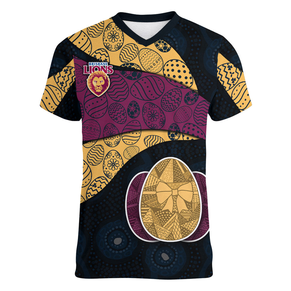 Personalized Brisbane Lions Football Women V-Neck T-Shirt Easter Egg Pattern Maroon Gold Tribal Dot Art Style