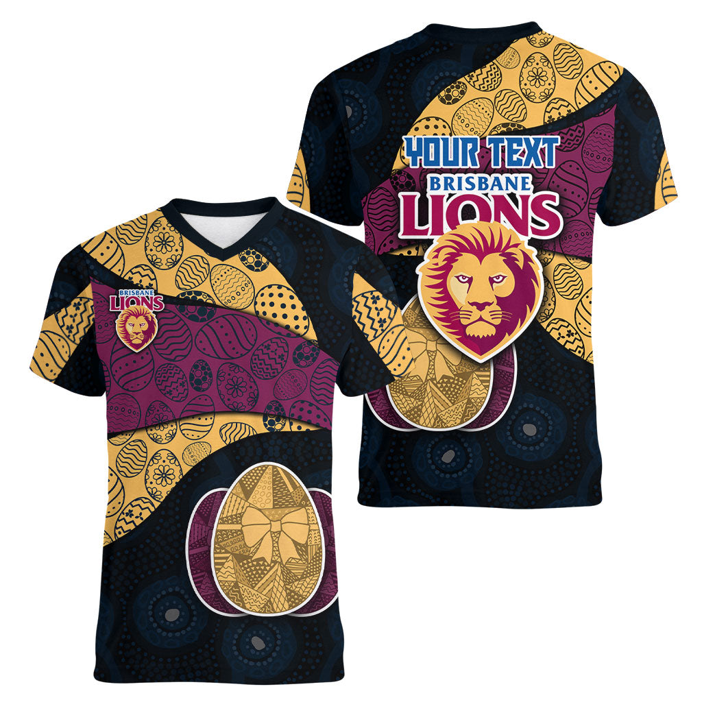 Personalized Brisbane Lions Football Women V-Neck T-Shirt Easter Egg Pattern Maroon Gold Tribal Dot Art Style