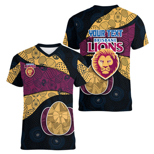 Personalized Brisbane Lions Football Women V-Neck T-Shirt Easter Egg Pattern Maroon Gold Tribal Dot Art Style