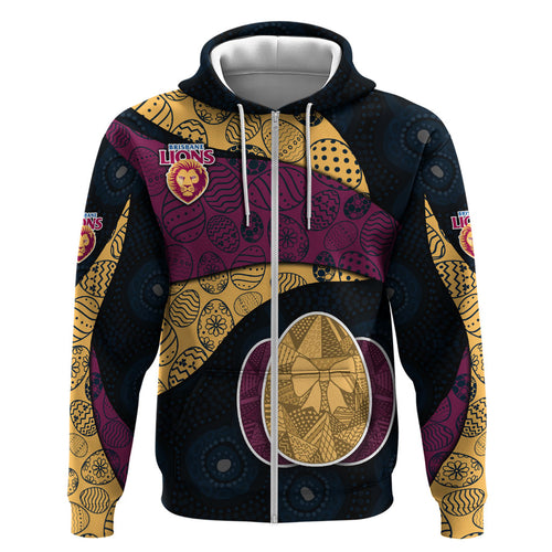 Personalized Brisbane Lions Football Zip Hoodie Easter Egg Pattern Maroon Gold Tribal Dot Art Style