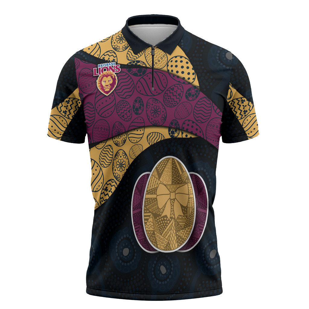 Personalized Brisbane Lions Football Zipper Polo Shirt Easter Egg Pattern Maroon Gold Tribal Dot Art Style