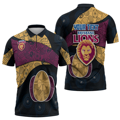 Personalized Brisbane Lions Football Zipper Polo Shirt Easter Egg Pattern Maroon Gold Tribal Dot Art Style