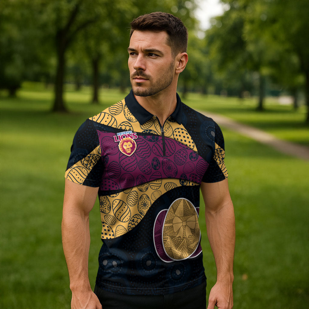 Personalized Brisbane Lions Football Zipper Polo Shirt Easter Egg Pattern Maroon Gold Tribal Dot Art Style
