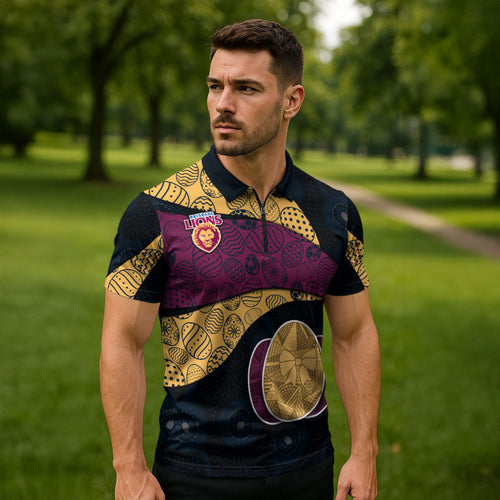 Personalized Brisbane Lions Football Zipper Polo Shirt Easter Egg Pattern Maroon Gold Tribal Dot Art Style