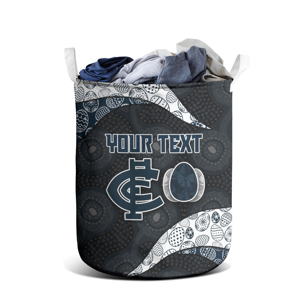 Personalized Carlton Football Laundry Basket Easter Egg Pattern Navy Monochrome Tribal Dot Style