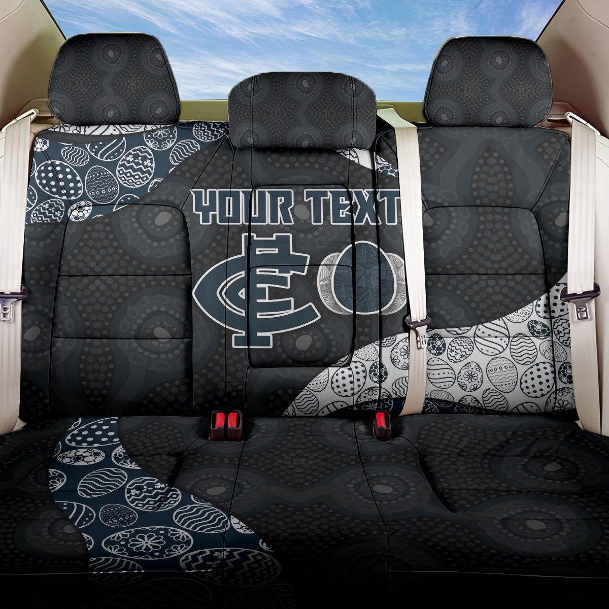 Personalized Carlton Football Back Car Seat Cover Easter Egg Pattern Navy Monochrome Tribal Dot Style