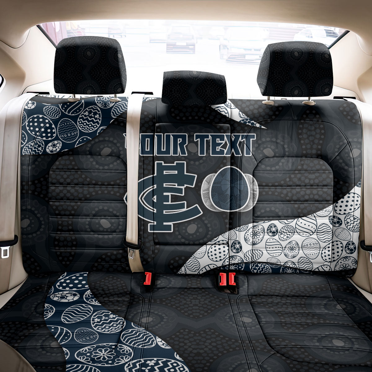 Personalized Carlton Football Back Car Seat Cover Easter Egg Pattern Navy Monochrome Tribal Dot Style