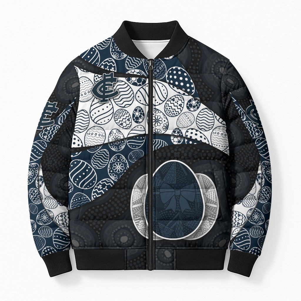 Personalized Carlton Football Bomber Puffer Jacket Easter Egg Pattern Navy Monochrome Tribal Dot Style