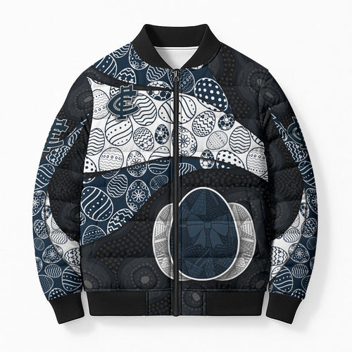Personalized Carlton Football Bomber Puffer Jacket Easter Egg Pattern Navy Monochrome Tribal Dot Style