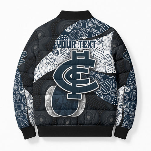 Personalized Carlton Football Bomber Puffer Jacket Easter Egg Pattern Navy Monochrome Tribal Dot Style