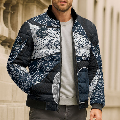 Personalized Carlton Football Bomber Puffer Jacket Easter Egg Pattern Navy Monochrome Tribal Dot Style