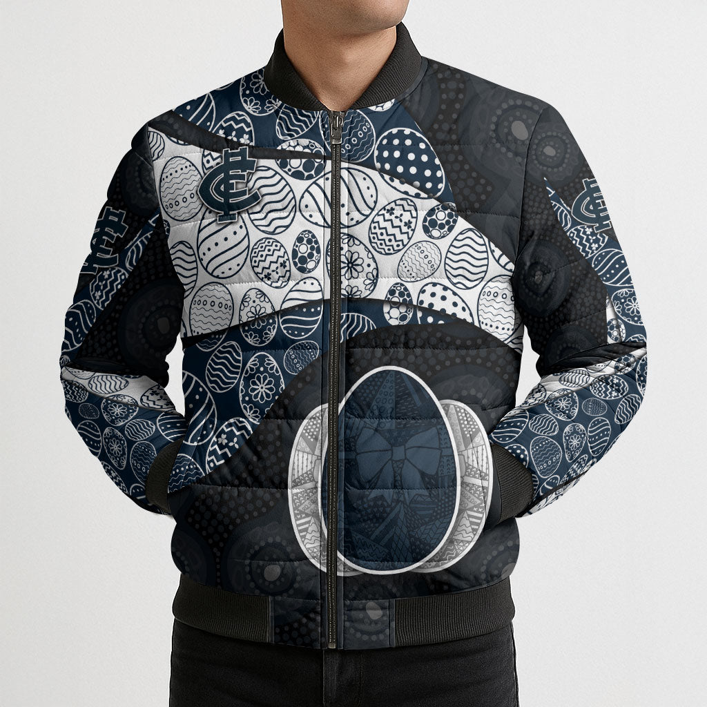 Personalized Carlton Football Bomber Puffer Jacket Easter Egg Pattern Navy Monochrome Tribal Dot Style