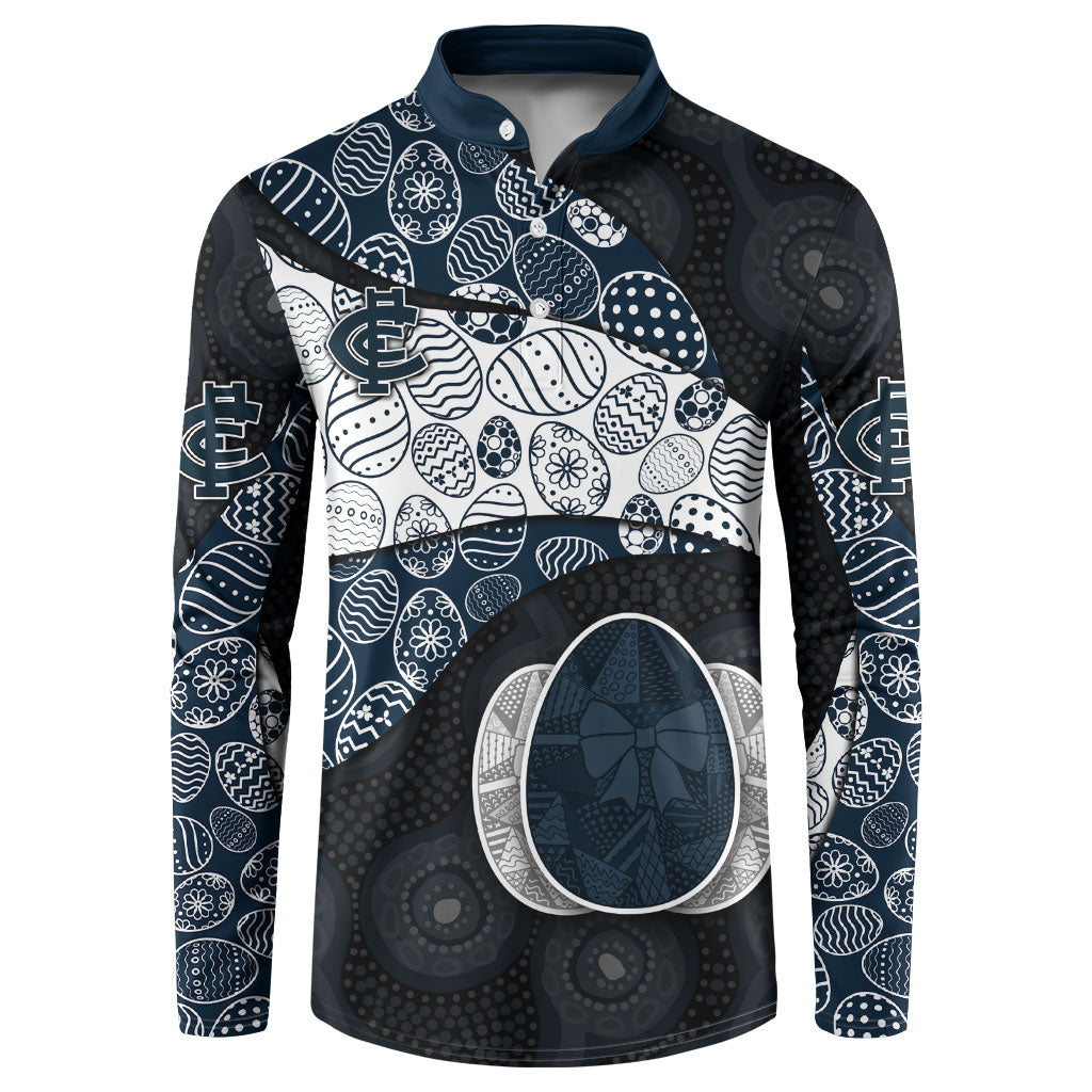 Personalized Carlton Football Button Sweatshirt Easter Egg Pattern Navy Monochrome Tribal Dot Style