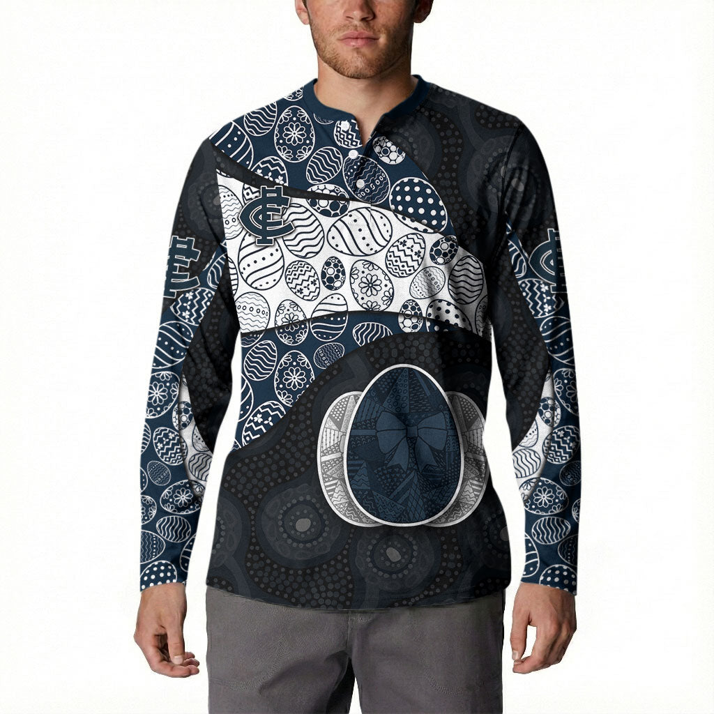 Personalized Carlton Football Button Sweatshirt Easter Egg Pattern Navy Monochrome Tribal Dot Style
